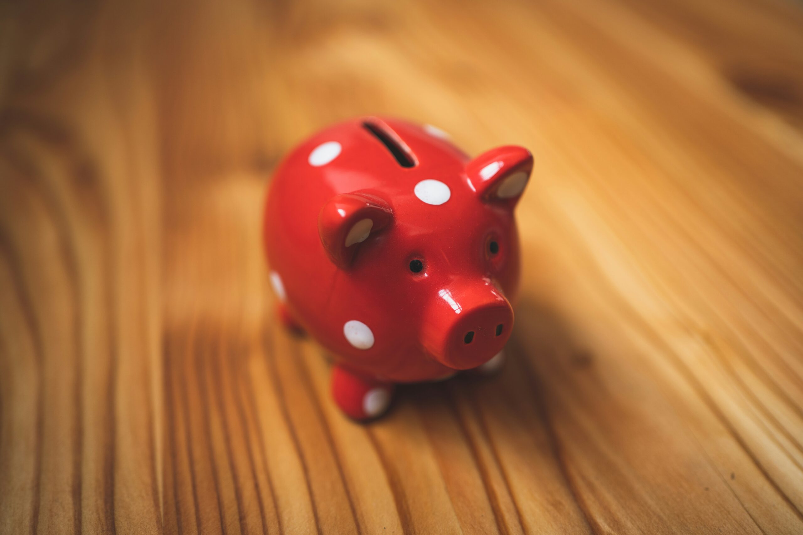 Small piggy bank on a wood surface.