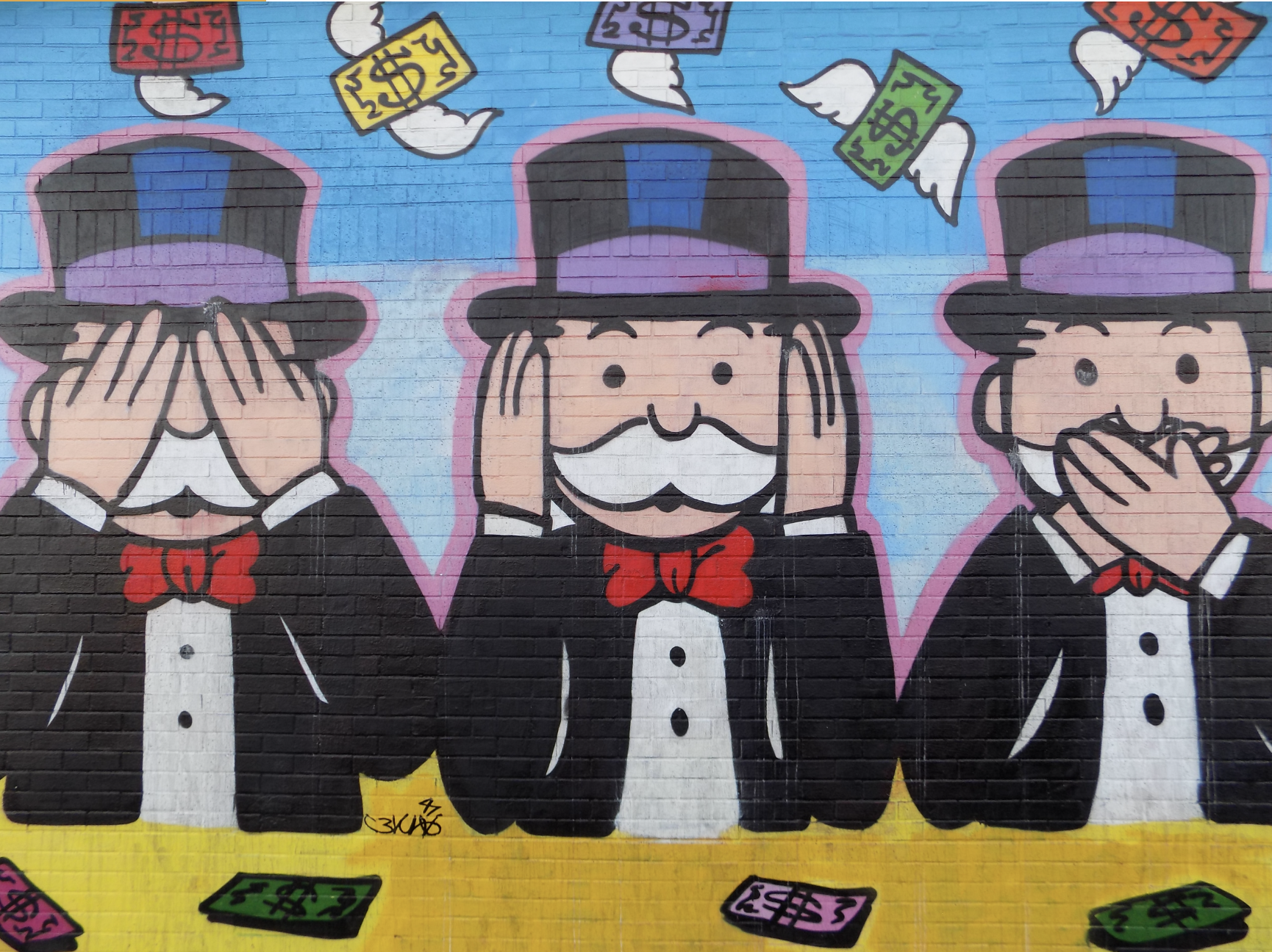 Monopoly man as Hear No, See No, Speak No Evil.